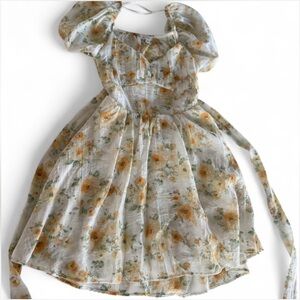 Blu Pepper Yellow Floral Puff Sleeve Tie-Back Dress